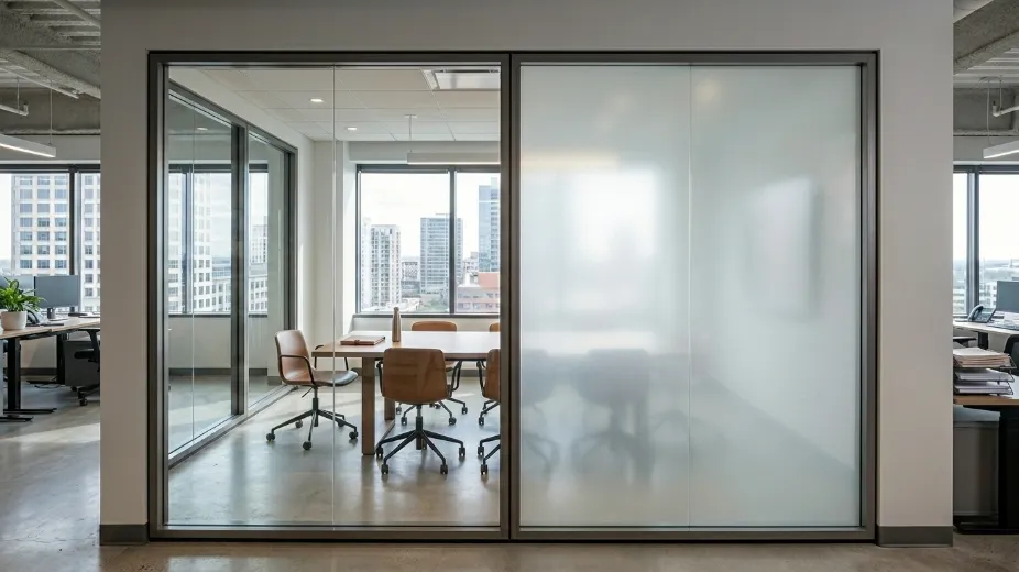 Smart switchable glass showing transparent clear state and opaque frosted privacy state side by side demonstrating instant privacy control technology