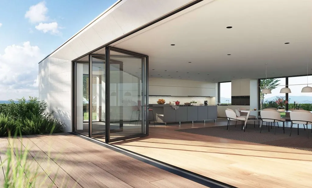 Ultra slim bifold doors with 20mm frame sightlines showing 95% glass and minimal obstruction in Dubai luxury villa with panoramic views