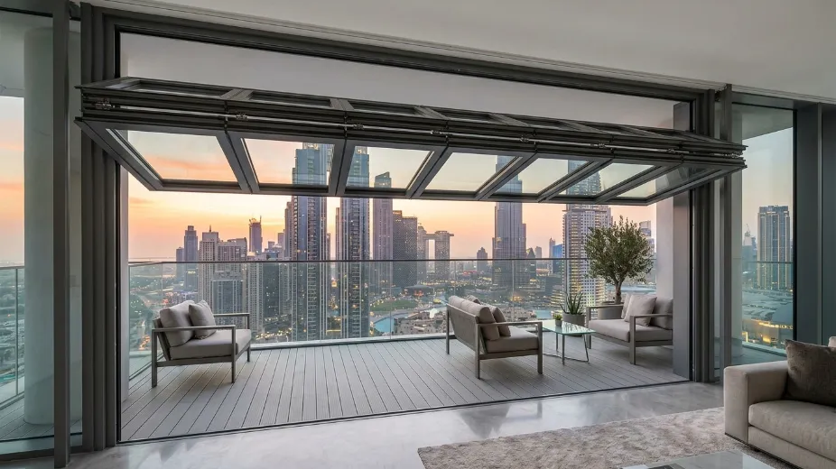 Vertical bifold doors opening upward showing panels folding overhead creating clear opening in Dubai balcony application