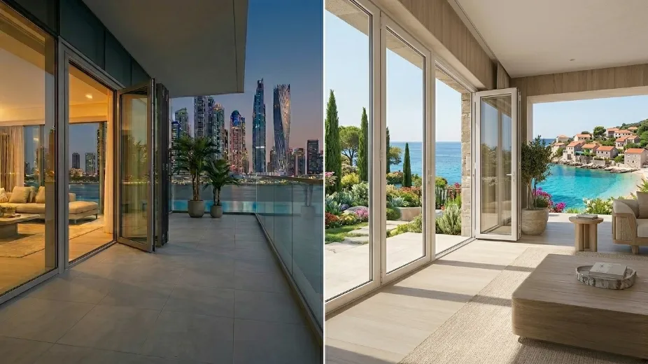 Visual comparison showing PVC folding doors advantages and limitations versus aluminium in Dubai context