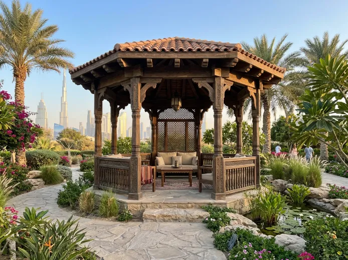 Wooden gazebo design Dubai showing natural craftsmanship and landscape integration
