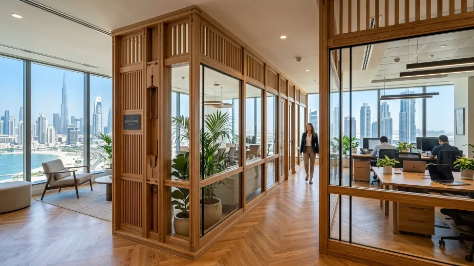 Wooden glass partition design Dubai showing natural craftsmanship and landscape integration