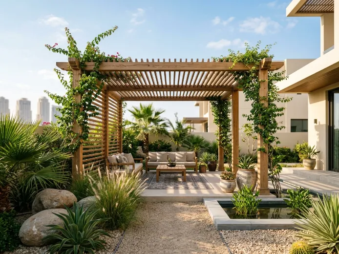Wooden pergola design Dubai showing natural craftsmanship and landscape integration