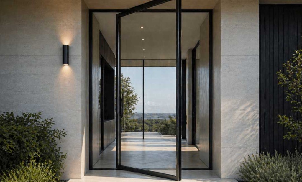 Pivot door pricing and configurations showing various sizes from entry level to ultra luxury with material options and costs