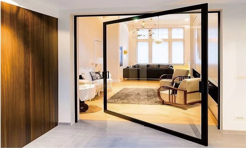 Modern pivot door installation in Dubai luxury villa entrance showing 3-meter tall black aluminium door with central rotation mechanism