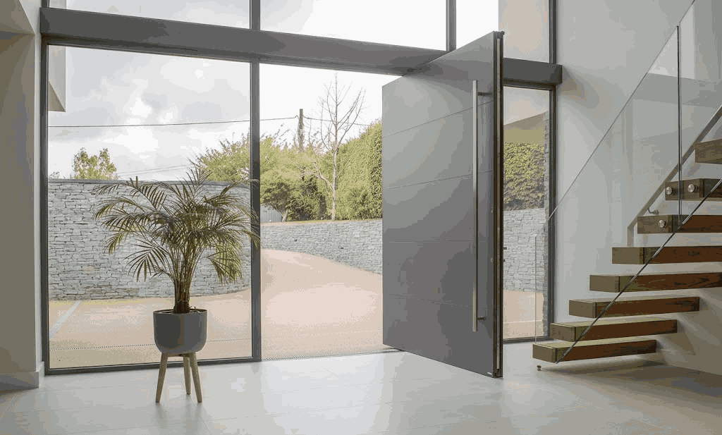 Professional pivot door installation process showing technicians installing large format pivot door with German hardware and floor preparation