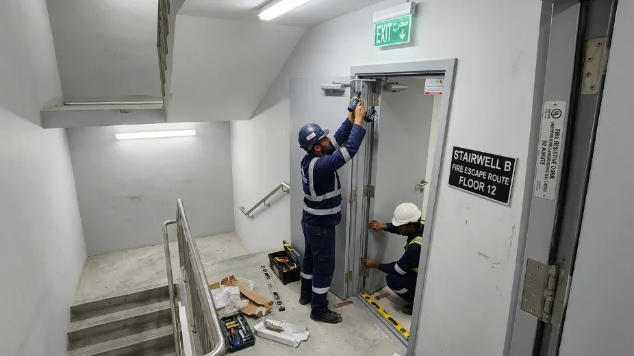 Certified fire rated door installation Dubai stairwell escape route