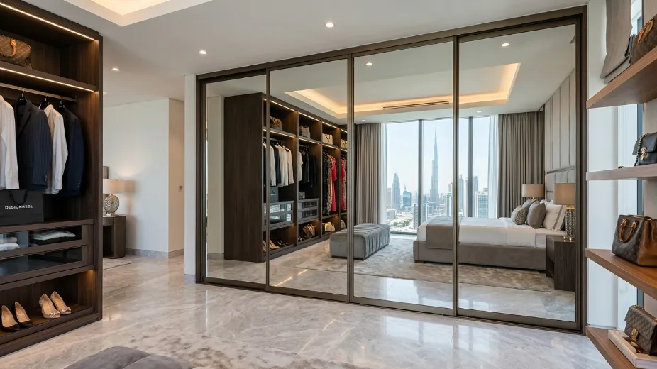 Mirrored sliding wardrobe doors Dubai master bedroom walk-in closet