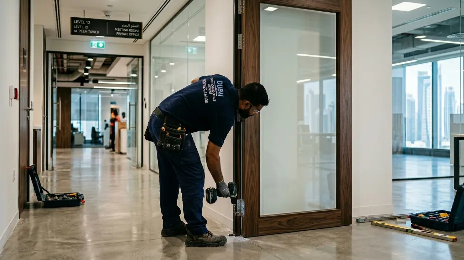 Office door installation Dubai commercial glass and wooden doors