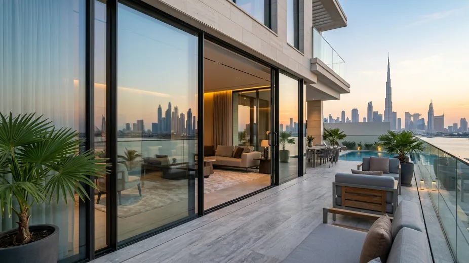 Slimline sliding glass doors Dubai villa terrace thermal break aluminium