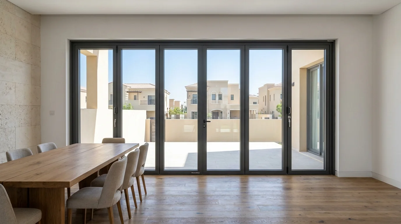 Space-saving internal bifold doors dividing a dining area in a Dubai villa