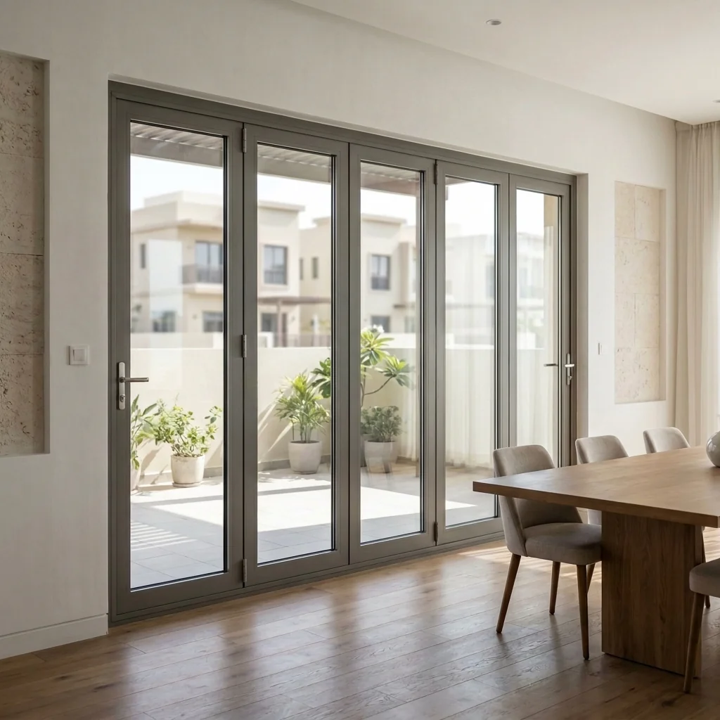 Aluminium internal bifold door panels in a Dubai dining room showing frame and glass specification