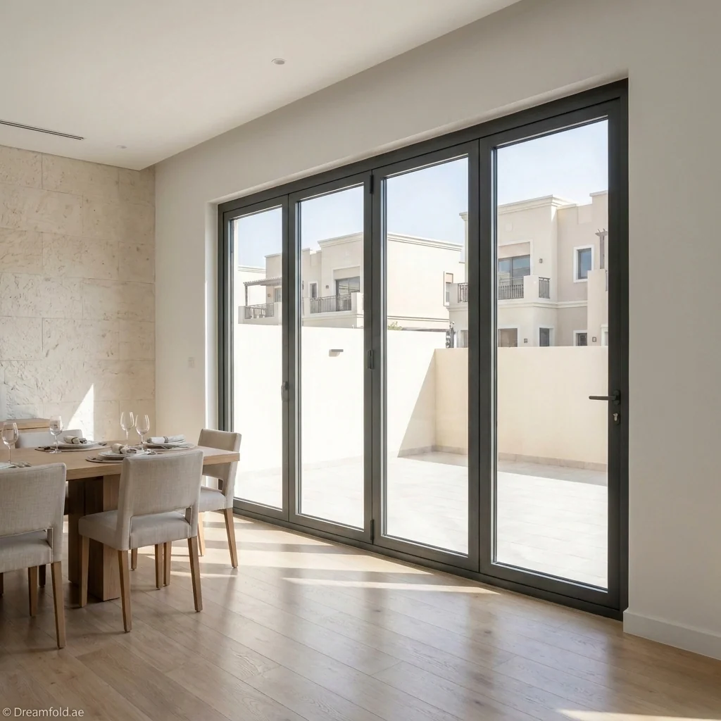 Professionally fitted internal bifold doors in a Dubai home with level track and even panel gaps