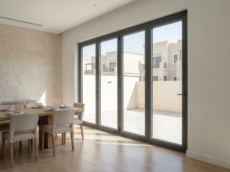 Aluminium bifold door fitted in a Dubai dining room opening onto the garden