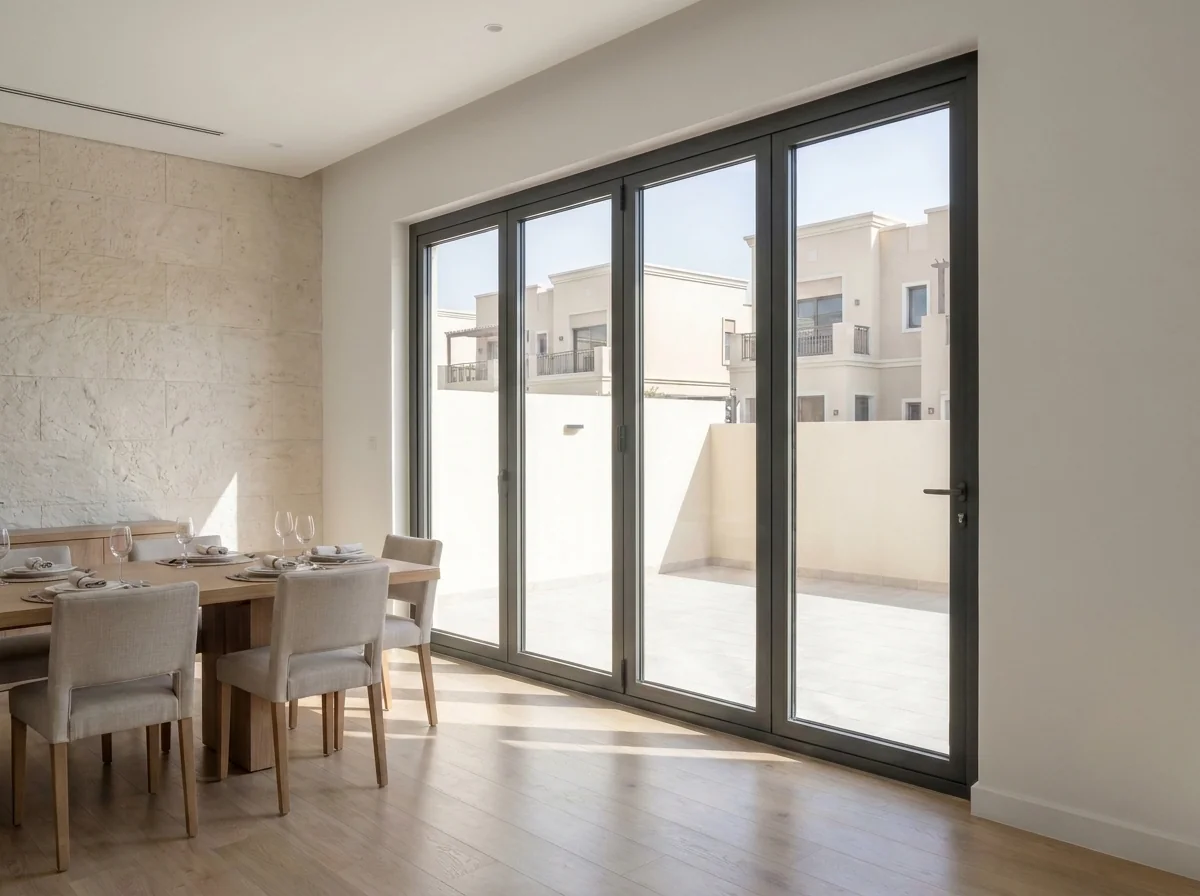 Multi-panel sliding glass doors opening an indoor dining area onto an outdoor terrace in Dubai