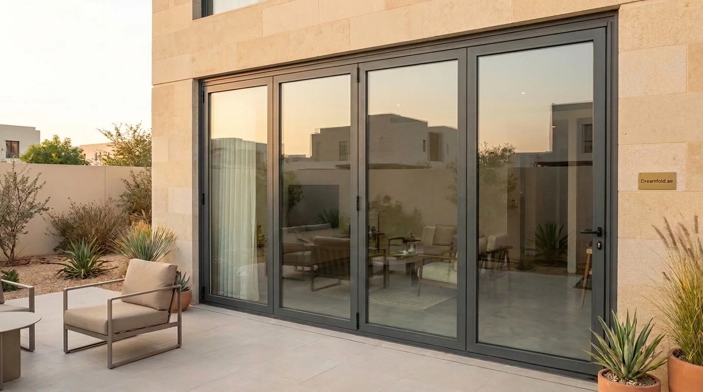 Aluminium folding patio door in Dubai opening a living space to the outside