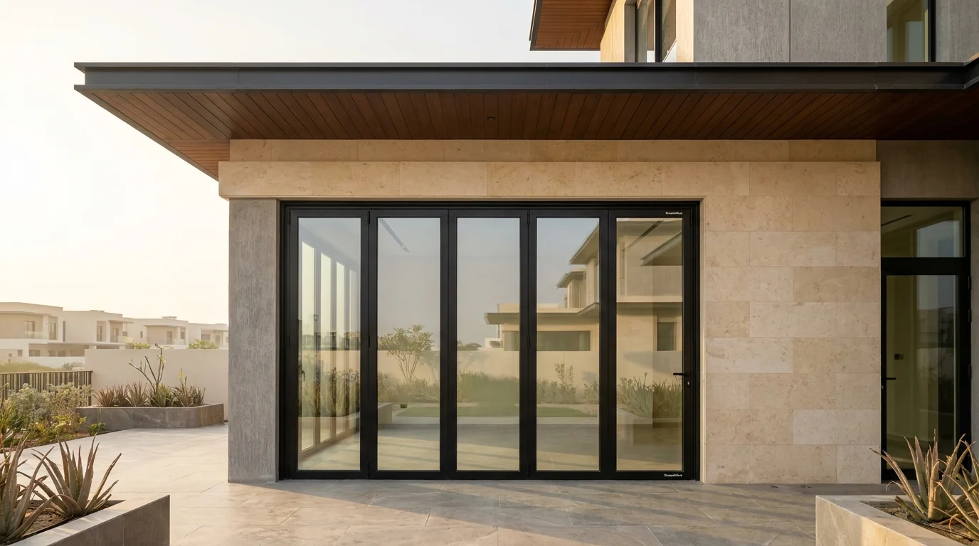 Black aluminium kitchen bifold door configuration on a Dubai villa elevation