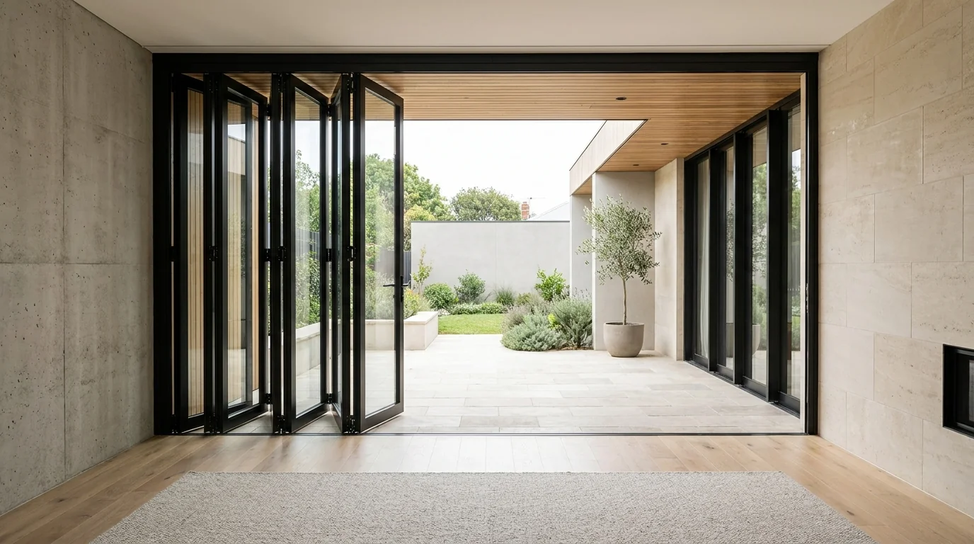 Black aluminium bifold door folded open onto a terrace in a Dubai home
