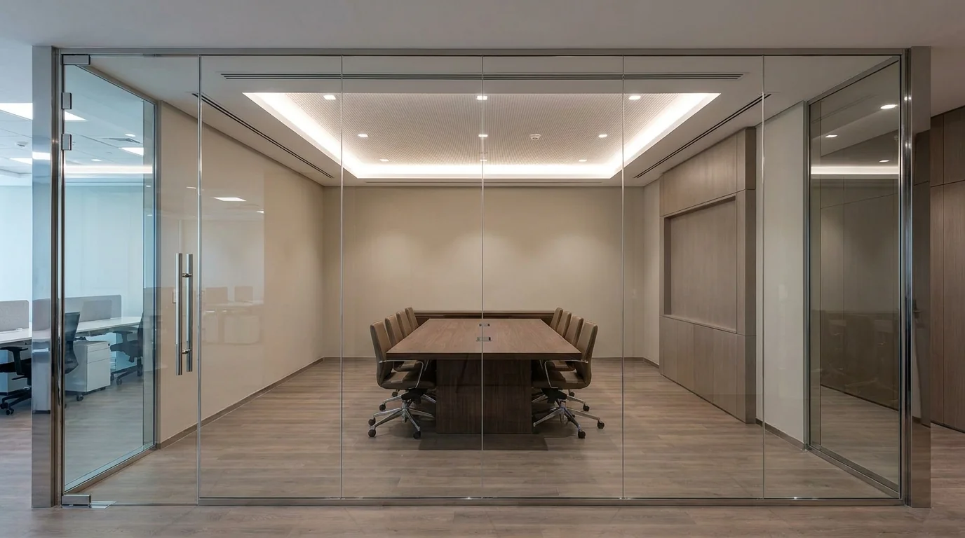 Glass wall enclosing a corporate boardroom in a Dubai office