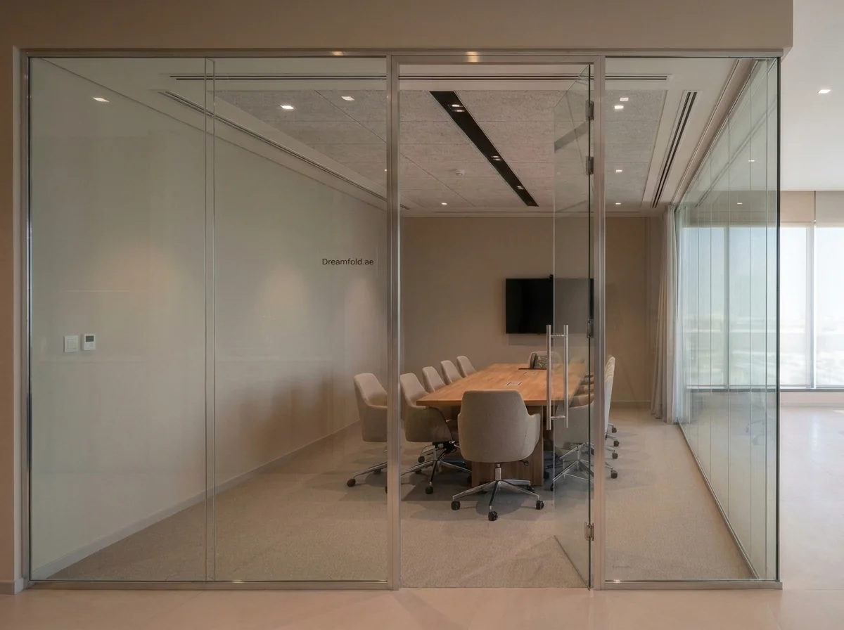 Glass dividers between work areas in a Dubai coworking office