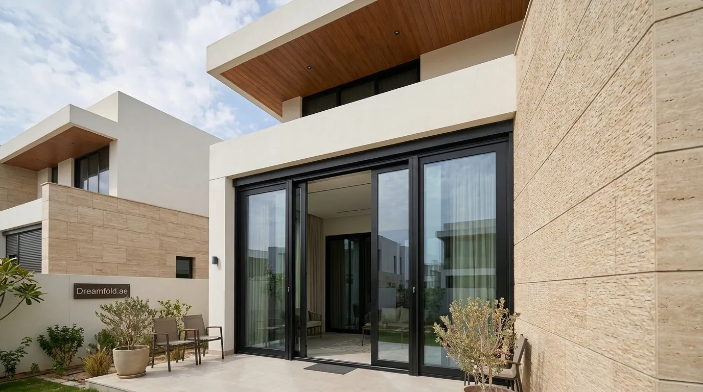 Matt black aluminium sliding door in a Dubai villa with garden views