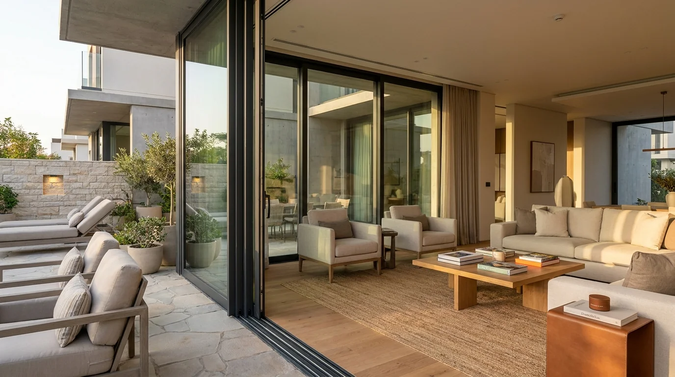Family lounge in a Dubai home with sliding doors opening onto a terrace