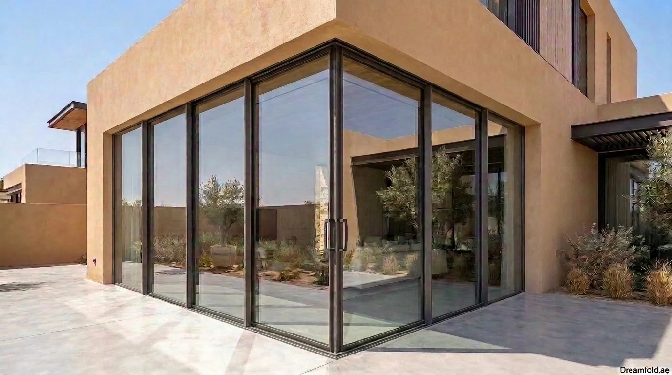 Frameless corner sliding door in a Dubai home opening two elevations at once