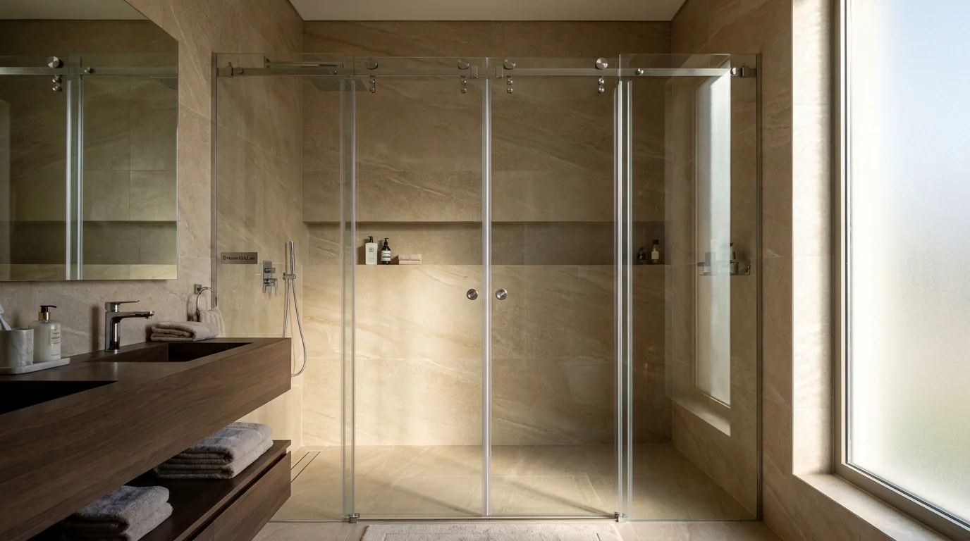 Luxury frameless shower enclosure in a large Dubai bathroom