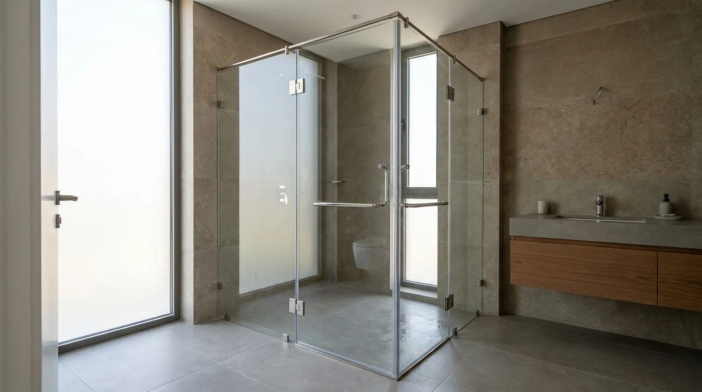 Bathroom door with frosted privacy glass beside a frameless glass shower enclosure in a Dubai en-suite