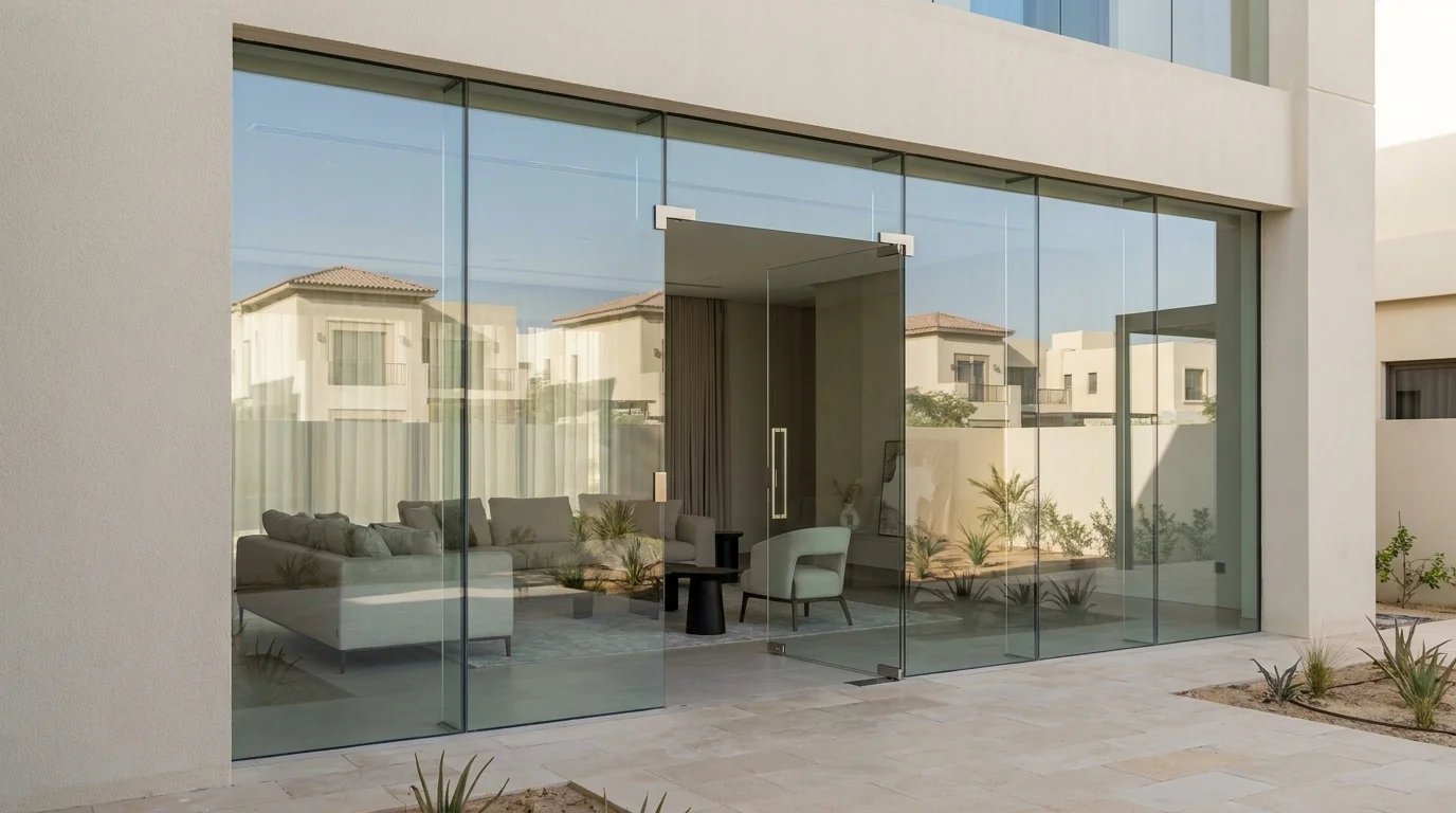 Glazed aluminium entrance door on a luxury villa in Dubai with warm interior lighting