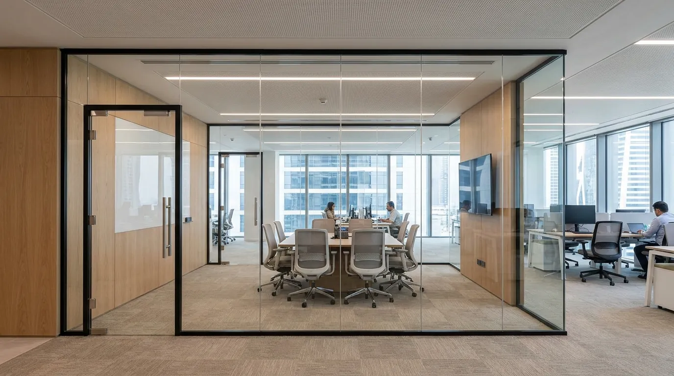 Single glazed office partition dividing workspace in a Dubai office
