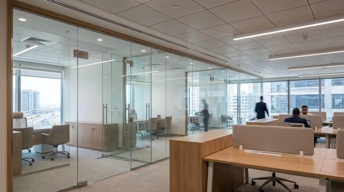 Floor-to-ceiling glass partitions in a Dubai office interior