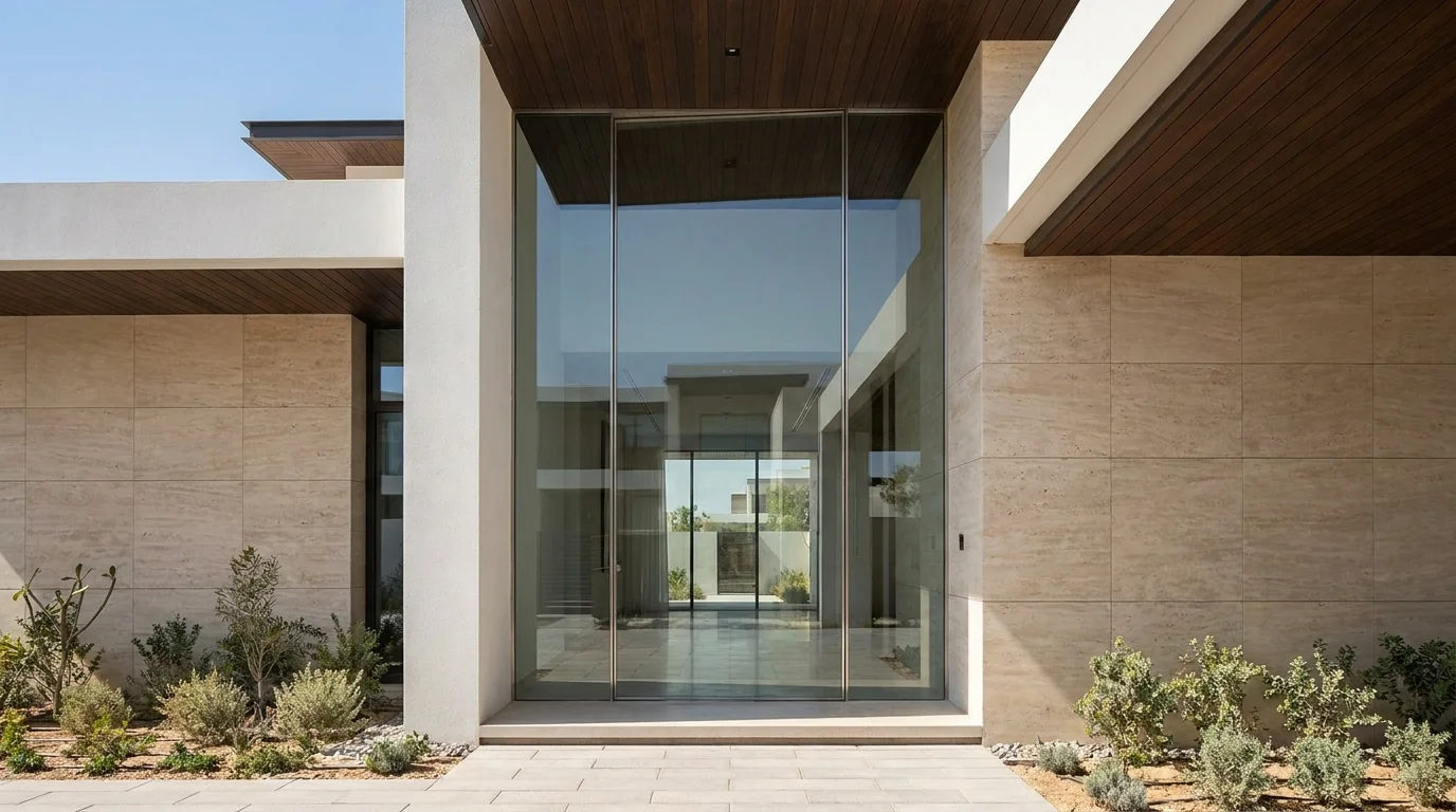 Glass pivot door on a luxury Dubai villa entrance with minimal aluminium framing