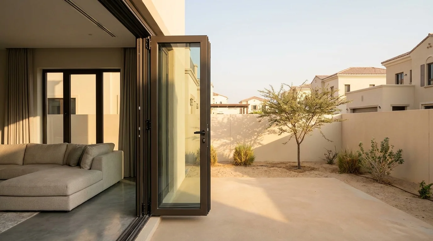 Luxury aluminium folding door in a Dubai home opening to the garden