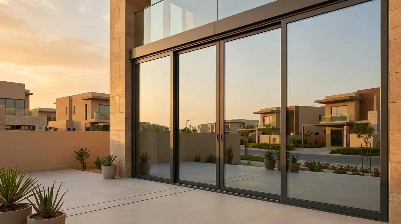 Ultra-slim sliding doors in Dubai with slimline aluminium frames opening a villa terrace at sunset