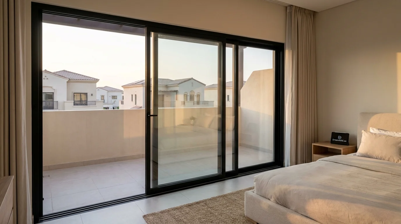 Sliding door in a luxury Dubai bedroom leading to a private balcony