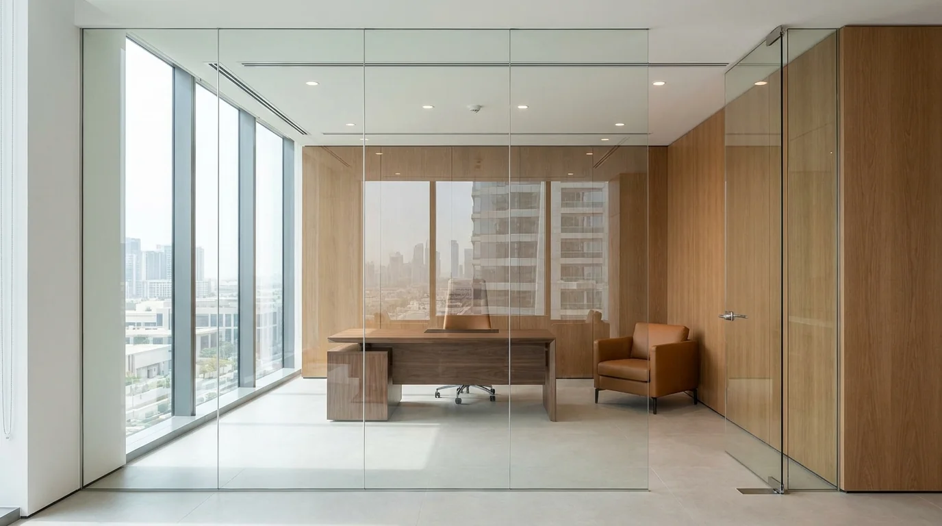 Glass partitions enclosing an executive office in a Dubai workplace