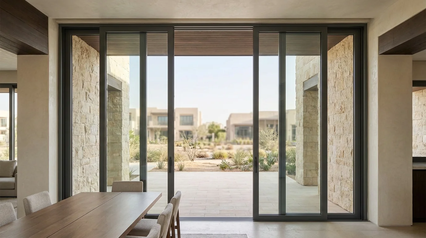 Sliding door in a luxury Dubai dining room opening onto an outdoor terrace