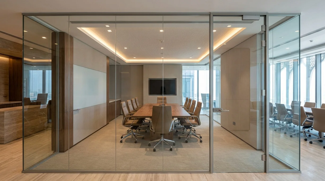 Glass partition enclosing a meeting room in a Dubai office