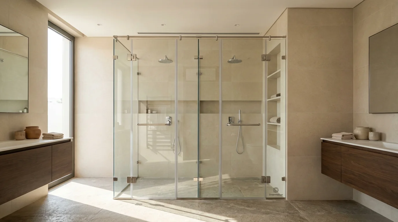 Sliding glass bathroom doors in a Dubai villa master bathroom
