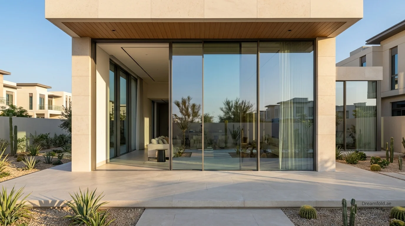 Multi-slide telescopic doors creating an ultra-wide opening across a Dubai villa wall with panels stacked to one side