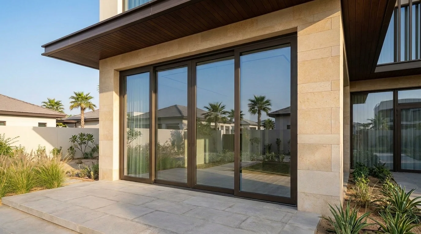 Slimline sliding glass doors on a Dubai villa terrace with thermal break aluminium frames