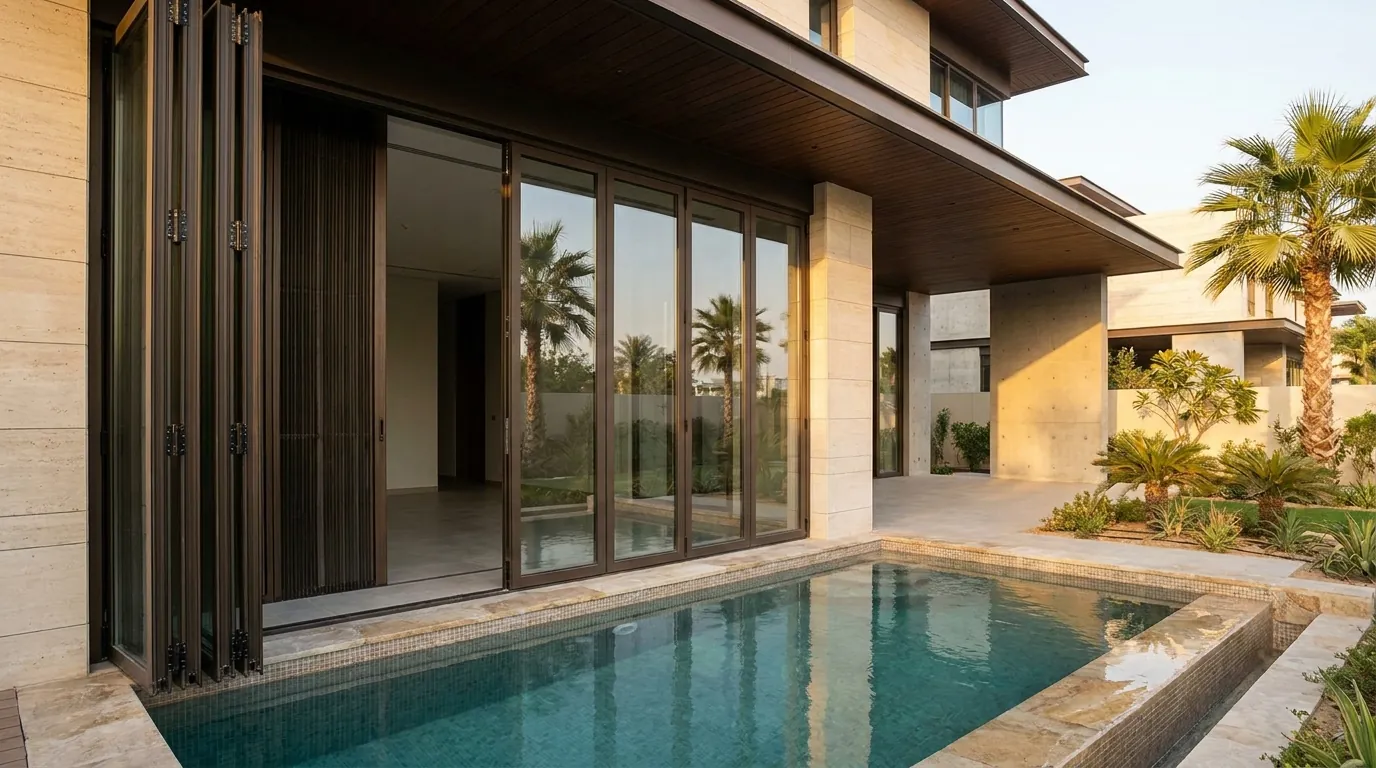 Aluminium folding door fitted to a luxury villa in Dubai with slim sightlines