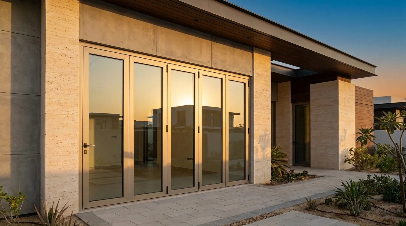 Aluminium folding door in a luxury Dubai villa folded fully open