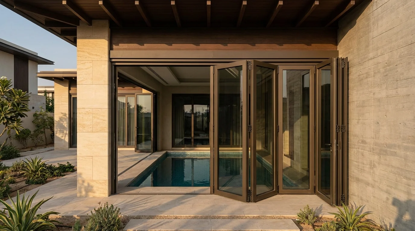 Folding door opening from a luxury Dubai villa onto a poolside terrace