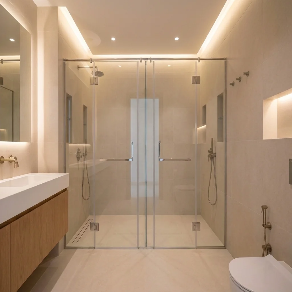 Minimalist glass bathroom door installation in a Dubai en-suite