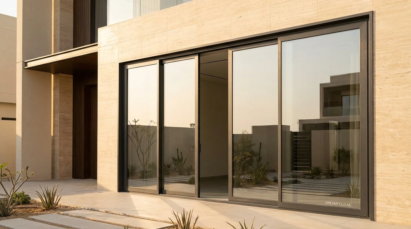 Multi-slide telescopic door panels stacking compactly along a Dubai villa facade