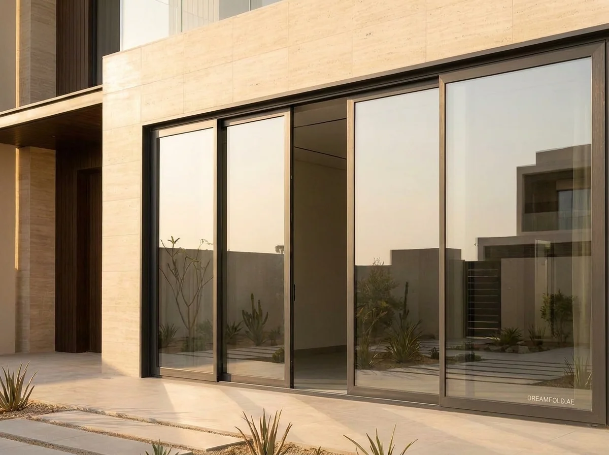 Slim-framed aluminium sliding door in a Dubai interior with clear garden views