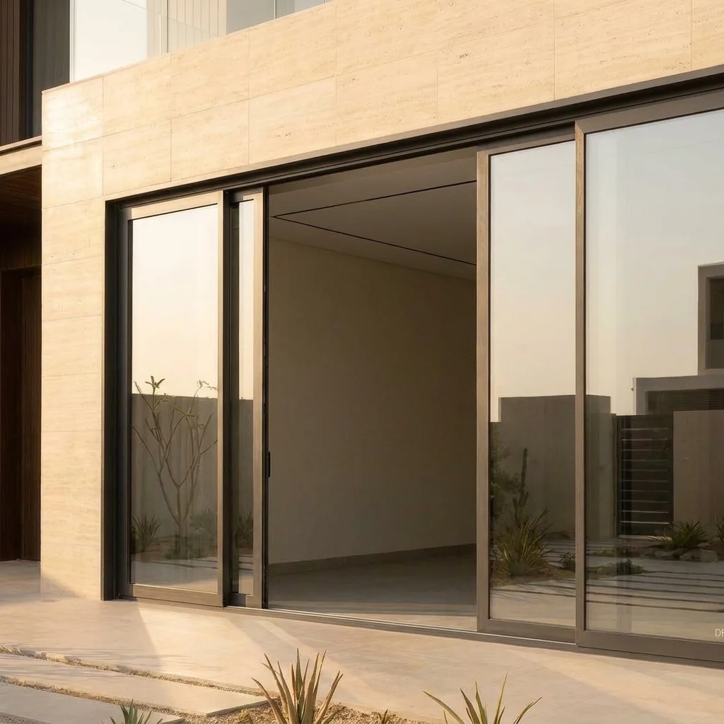 Multi-track telescopic sliding door run showing panel overlap and stacking depth on a Dubai villa