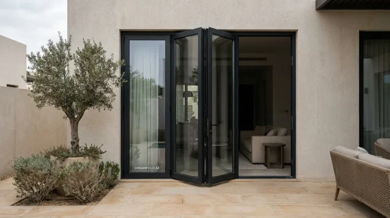 Folding glass doors opening onto a courtyard in a modern Dubai villa